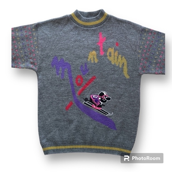 Vintage Mountain Downhill Ski Graphic Sweater Grey Pink Purple - Picture 2 of 15
